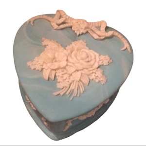 Vintage ornate Incolay stone Heart Jewelry box blue flowers floral