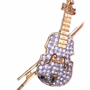 Vintage 1980s gold finish Butler rhinestone crystal violin brooch FAC