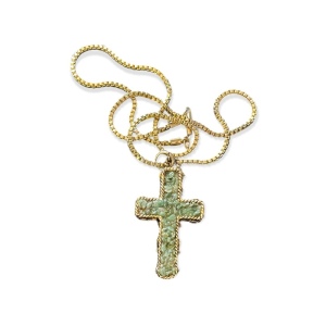 Vintage Crushed Jade Gold tone cross necklace