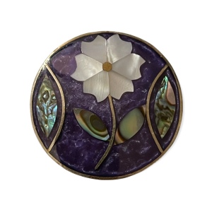 Vintage Alpaca Silver Mexico purple flower abalone round brooch