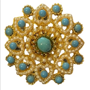 vintage turquois color bead with faux pearl gold ornate majestic brooch