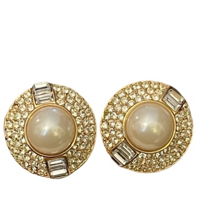 Vintage 1980s Chunky OSCAR DE LAURENTA gold finish faux pearl crystal earrings