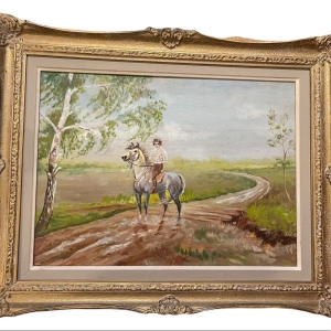 Vintage Polish unsigned oil painting Boy on a horse framed on board