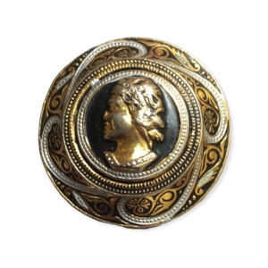 Vintage Damascene Spain Cameo gold plated black enameled ornate brooch 1930s