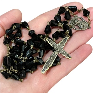 Vintage black crystal glass Catholic Rosary Jesus Religious