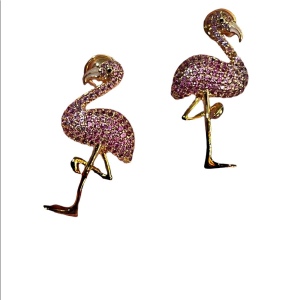 Gold Plated NOIR pink Crystal Flamingo dangle earrings