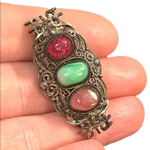 Antique 1900s 800 Silver Jade & ruby Chinese good luck brooch filagree Export