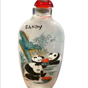 Vintage chinese snuff jar “Sandy” perfume bottle glass hand painted panda bears