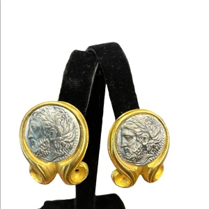 Vintage Large ornate Roman Greek coin fancy clip on earrings gold finish