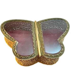 Vintage BUTTERFLY Vanity Ormolu Glass Jewelry box brass filagree