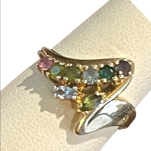 Vintage 10k gold Multi gemstone peridot amethyst topaz YG ring zig zag design