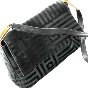 Vintage High Fashion Black leather suede gold trim geometric print shoulder bag