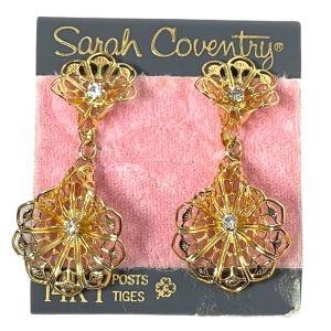 Vintage Sarah Coventry gold filagree dangle flower earrings w/14k post