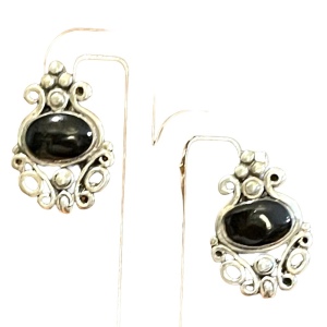 Sterling silver 925 black onyx fancy ornate deco design dangle earrings