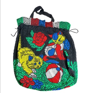 Vintage 1960s Hong Kong kitty cat seed bead draw string colorful shoulder bag