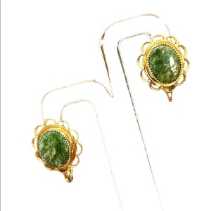 Vintage Amco 14k Gold filled Jade screw back ornate wire work earrings