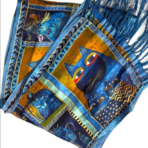 Laurel Burch Blue kitty cat fringe silk scarf