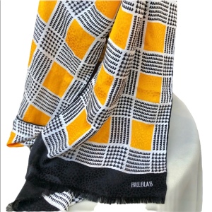 - 60x22” Vintage Silk Bill Blass scarf hounds tooth yellow black stripe