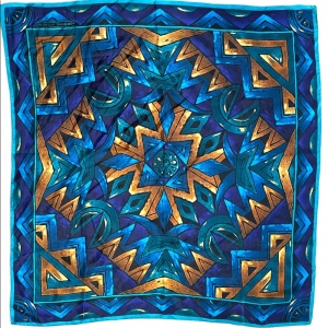 Adrienne Vittadini Mandala teal blue gold Aztec print scarf silk