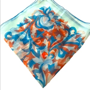 Vintage 1960s Crepe Chiffon sheer groovy Blue orange fancy scarf