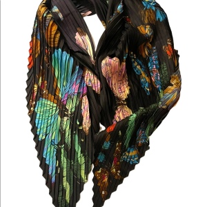 Vintage BOHO pleated poly Colorful butterflies Wrap scarf hair cover Blk Echo