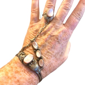 Vintage 1960s Sterling Silver Navajo marked MOP Squash Blossom slave Bracelet