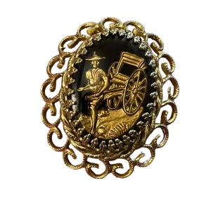 Vintage black glass cameo RICKSHAW gold ornate metal finish