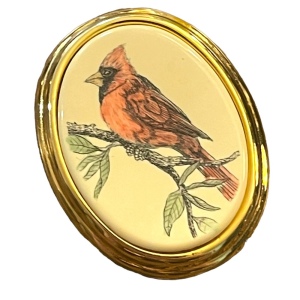 Vintage BARLOW gold finish Red Cardinal hand painted brooch