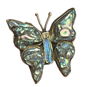 Vintage Alpaca Mexico Abalone fancy shell silver butterfly brooch 1960s