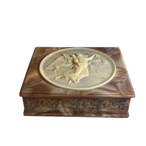 Vintage Inoclay pink Trinket jewelry box carved Angel & Cherub