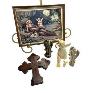 Vintage Lot of Religious collectibles Cross wood Handmade Antique Statues Angels