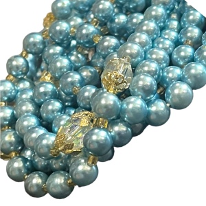 Stunning vintage shiny high gloss sky blue faux Long pearl bead necklace