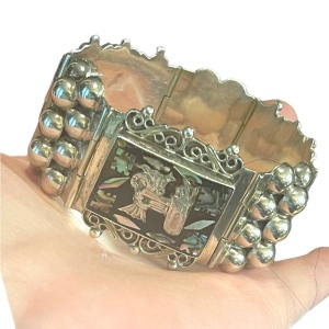 Vintage 1930s Abalone Inlay Warrior Sterling silver Mexico bracelet Aztec heavy