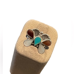 Vintage Southwestern MOP turquoise coral silver butterfly ring