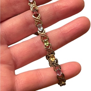 Sterling silver 925 gold plt Simulated multi gemstone link tennis bracelet