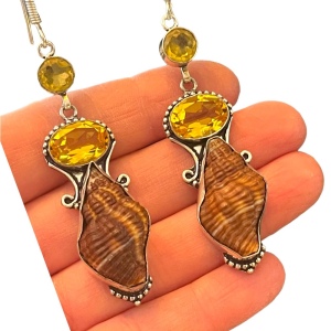 Lovely silver finish Citrine glass & shell handmade Indonesian dangle earrings