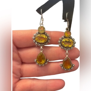 Fancy Indonesian silver citrine glass dangle earrings