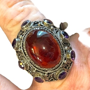 Vintage Sterling silver 925 China export Filagree Amethyst Amber chunky Ring