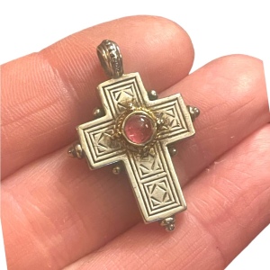 Vintage Gerochristo Sterling silver 18k gold Byzantine Cross ruby stone etched