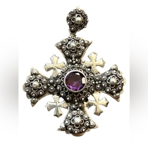 Antique Jerusalem 925 Sterling ornate Amethyst Cross Crusaders RARE LG Pendant