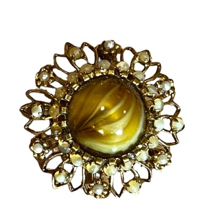 Vintage CZECH glass 1940s faux pearl brass antiqued finish brooch