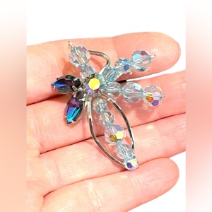 Vintage silver Blue crystal fancy flower brooch 1960s