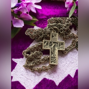 Antique Storybook cross religious bible crucifix silver HEAVY chain necklace