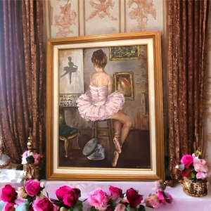 Vintage Signed RUSSIAN BALLERINA DIOR painting pink framed canvas