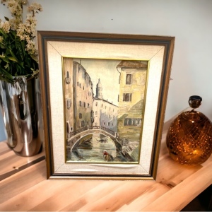 Vintage french painting signed Vittorio 1961 Venice canal framed wood masonite