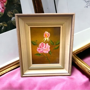 Vintage flower painting signed appx 1961 roses 11.5x13.5” Ornate wood frame