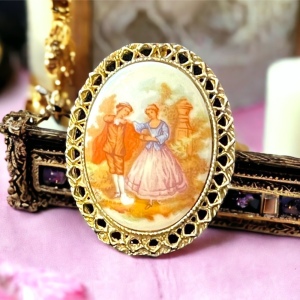 Vintage victorian scene ceramic cameo brooch pendant