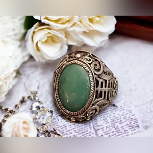 Antique Chinese Sterling silver 925 filagree good luck Jade ring export RARE