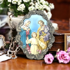 Vintage Jesus Plaque, Mary Joseph Jesus, Religious Art, Holy Family wall hanging