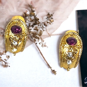 1980s Couture chunky gold crystal amethyst purple crystal dangle earrings